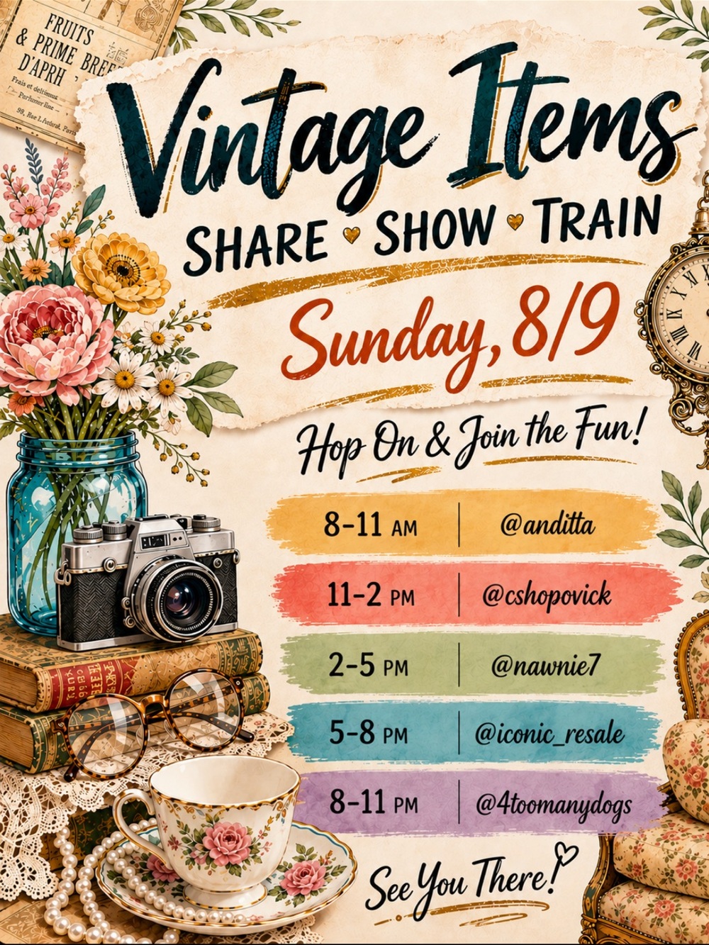 @4toomanydogs is live on the All Things Vintage Share Show Train